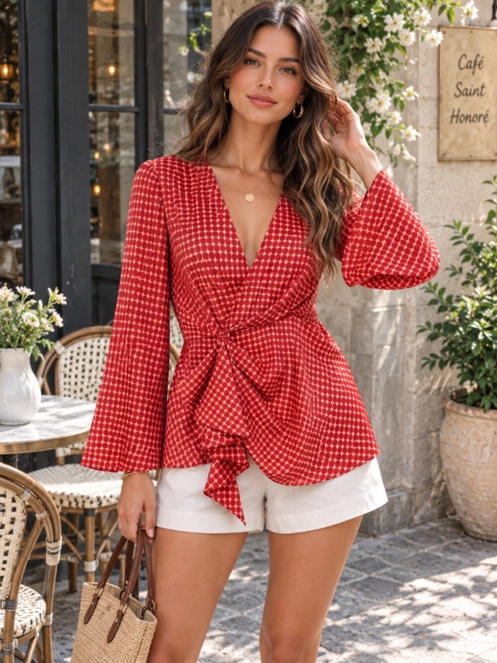 C/meo Collective Polka Dot Long Sleeve V Neck Blouse Top Small NWT in Brick Red